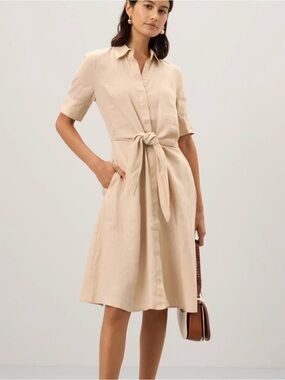 Lauren Ralph Lauren Tie Front Point Collar Linen Shirt Dress size 10 beige